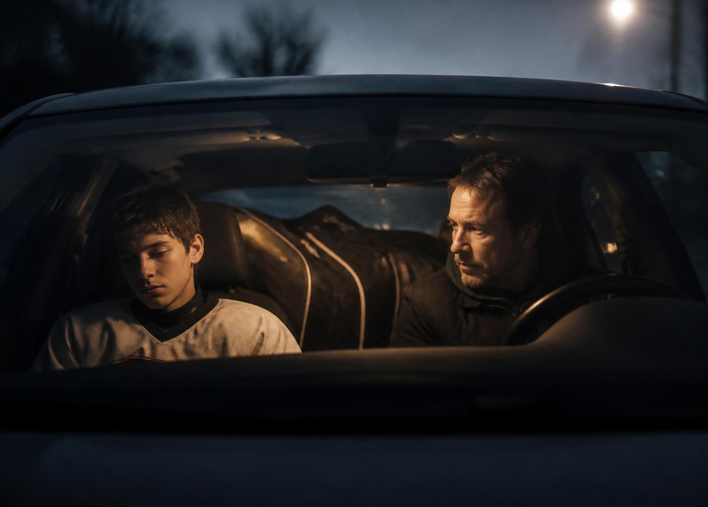 A parent and teenage athlete sitting quietly in the car after a game